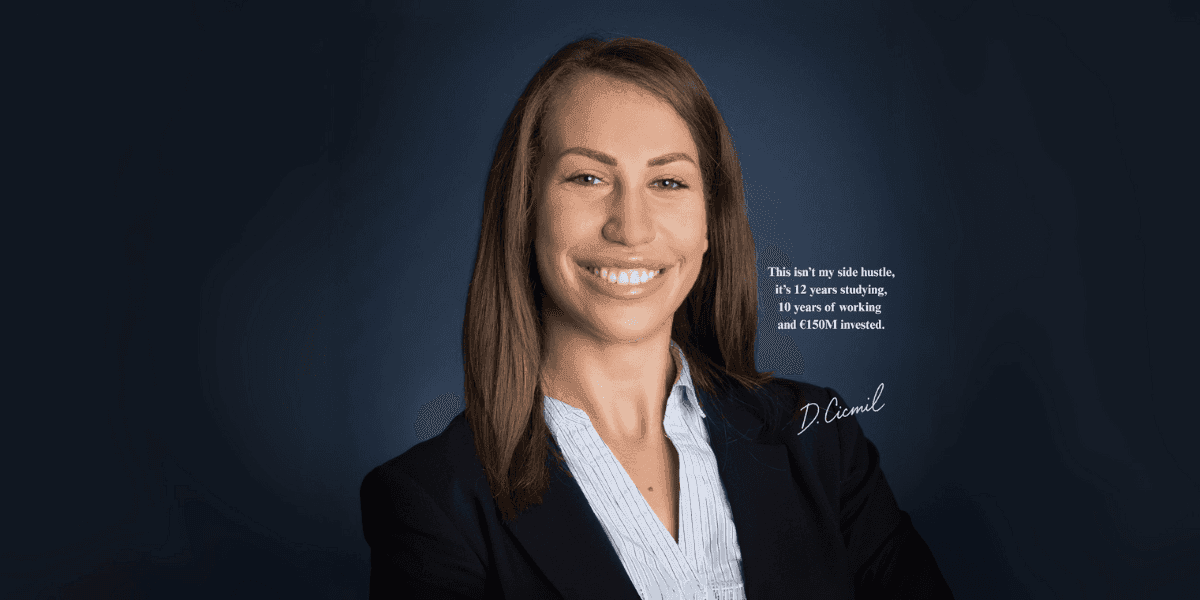 The image features Dr. Danica Cicmil, an expert in European real estate, showcasing her professional expertise in property investment.