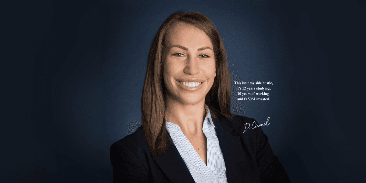 The image features Dr. Danica Cicmil, an expert in European real estate, showcasing her professional expertise in property investment.