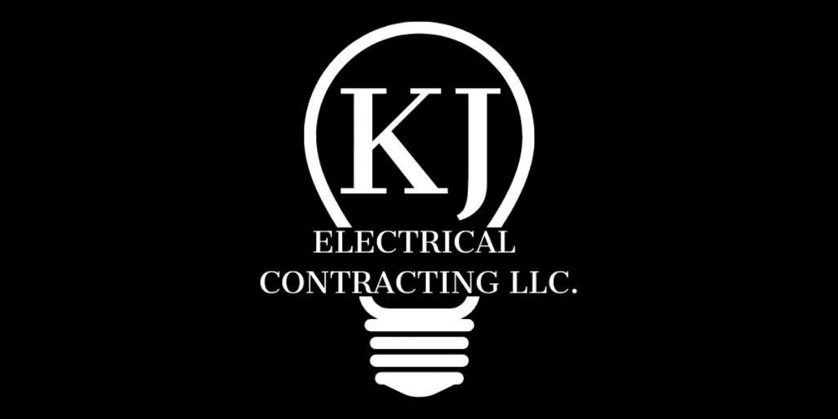 KJ Electrical Contracting LLC logo featuring a light bulb with the company name in bold, white text on black background.