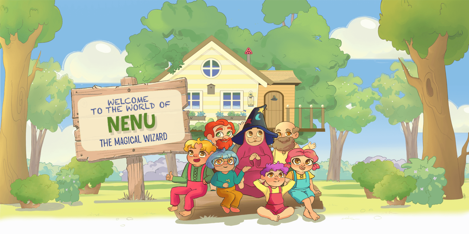 NENU, the magical wizard, and friends in Treetopia, helping kids build confidence and emotional resilience.