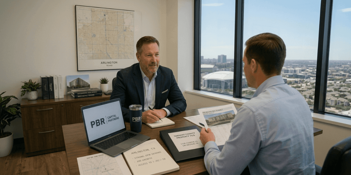 PBR Capital Partners representatives discussing Arlington commercial real estate lending opportunities during client meeting with market reports.
