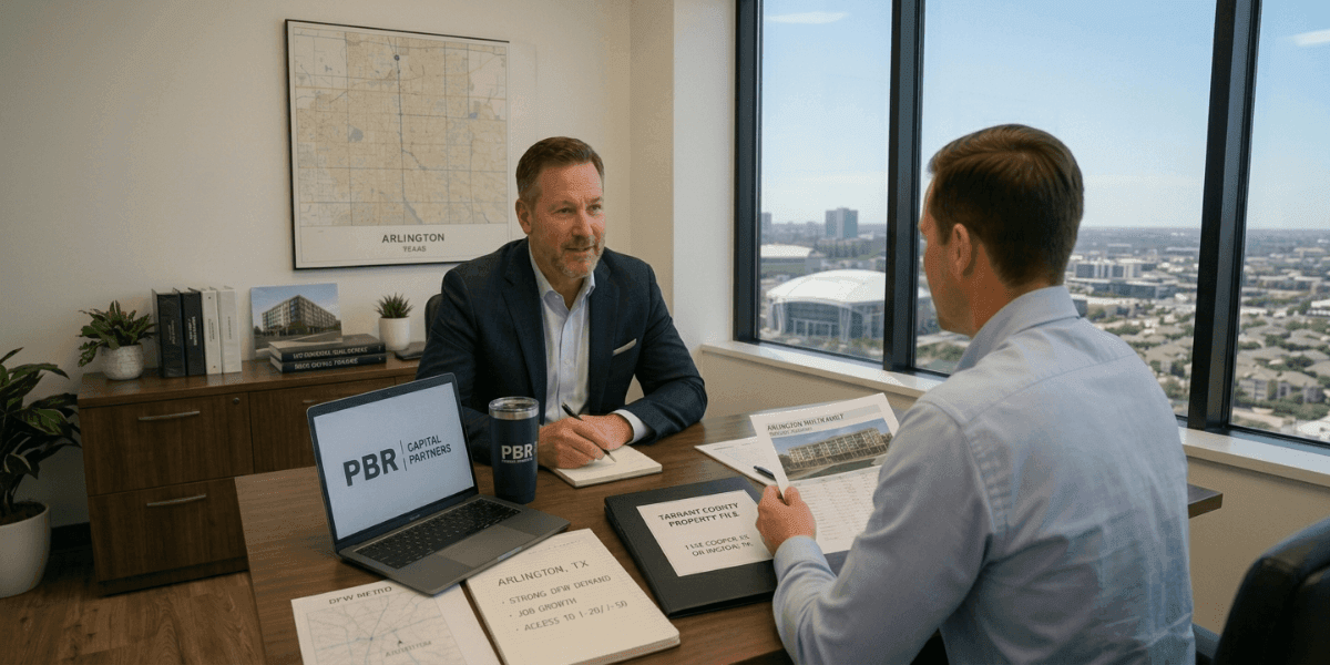 PBR Capital Partners representatives discussing Arlington commercial real estate lending opportunities during client meeting with market reports.