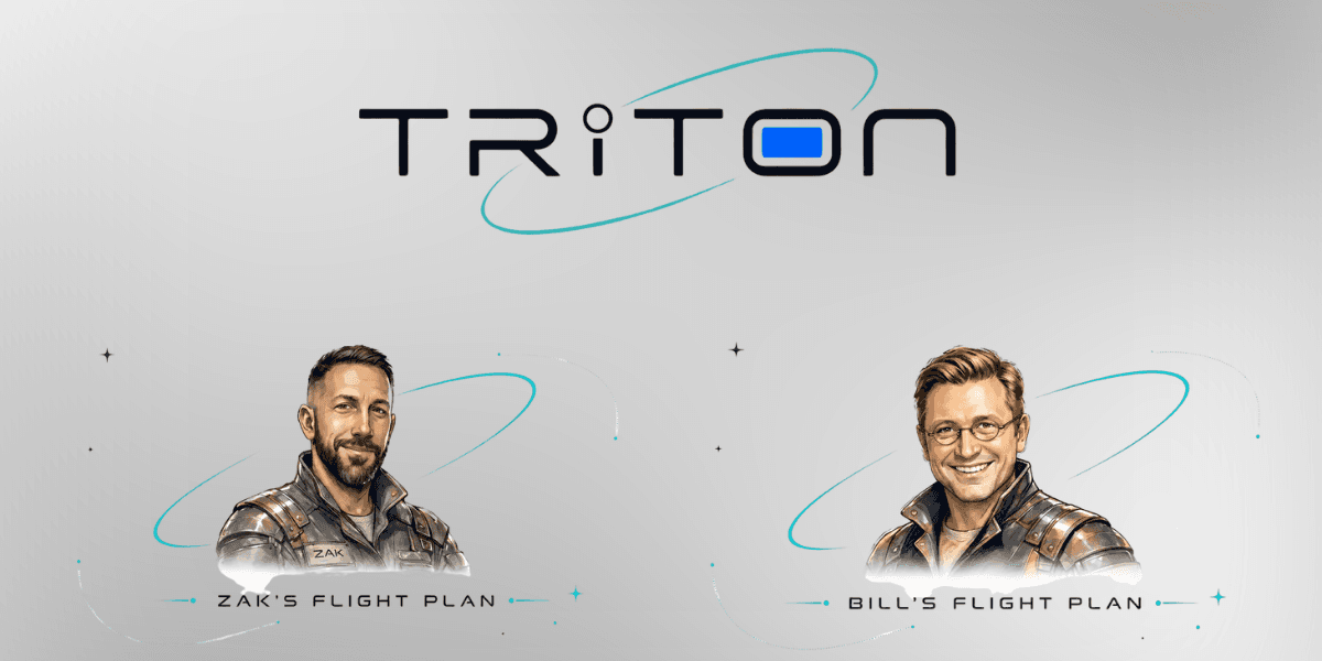 Illustrated portraits of Zak Morris and Bill Akins beneath the Triton Ventures logo.