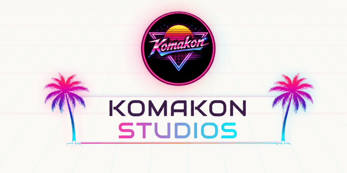 Komakon Studios retro synthwave logo with neon palm trees and vibrant gradient branding.