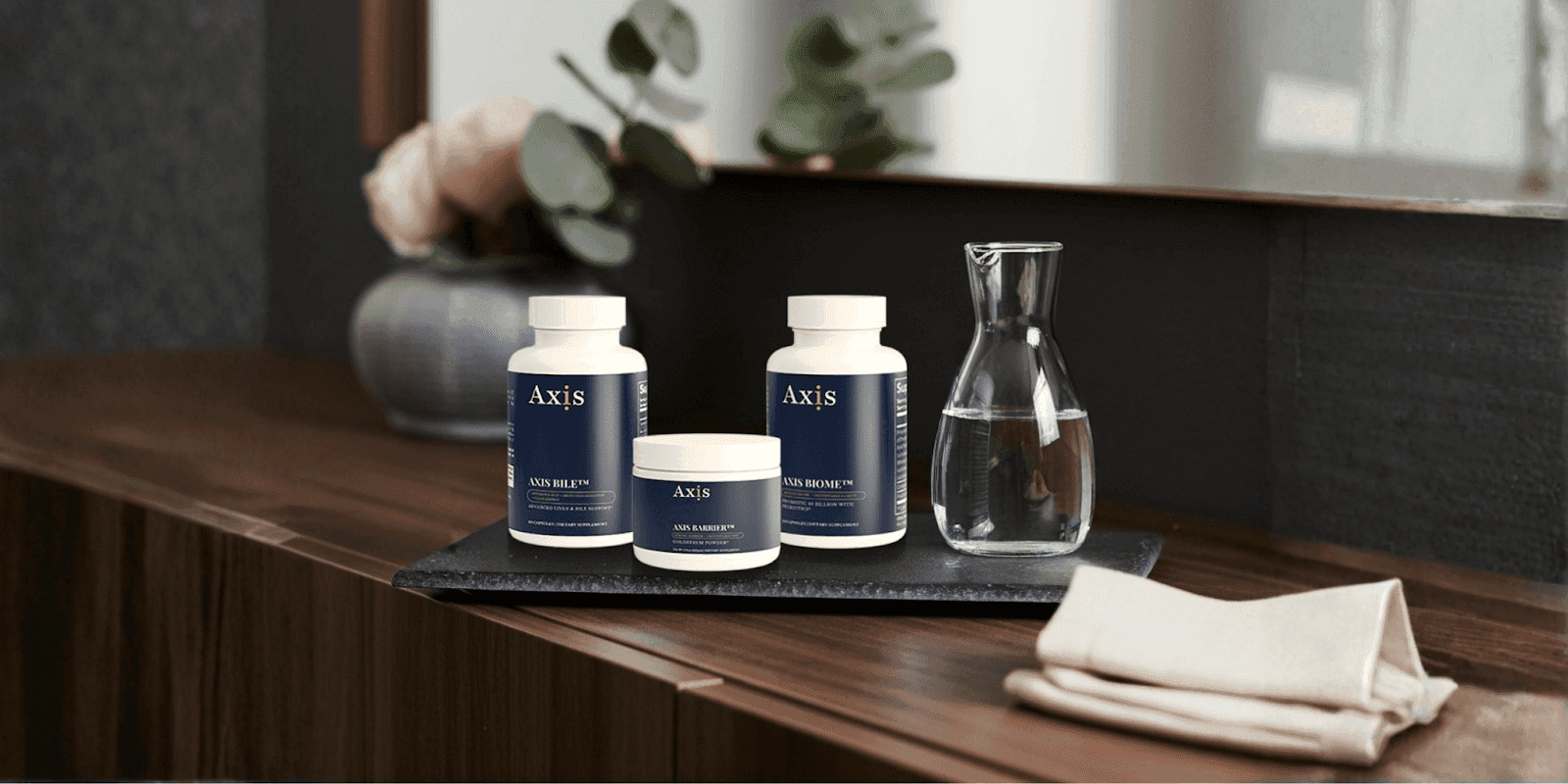Axis Wellness products for gut-brain axis optimization, supporting burnout recovery with Gut Restore, Brain Flow, and more.