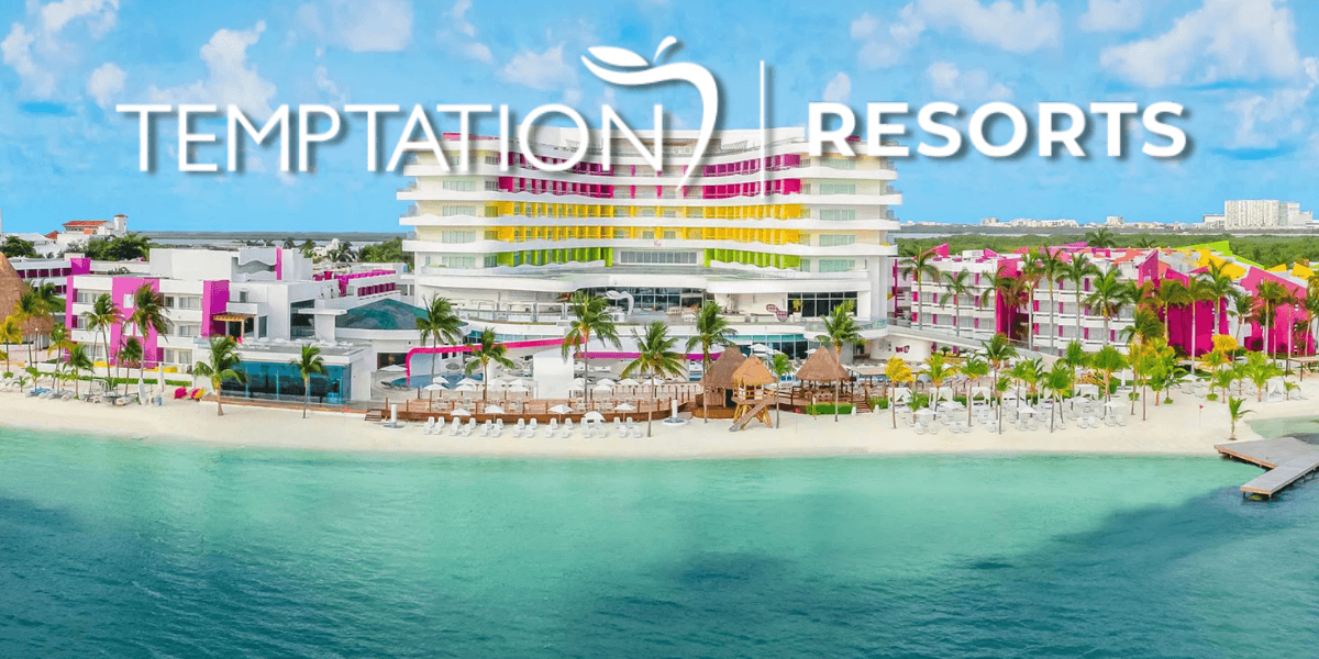 Colorful beachfront Temptation Cancun Resort with palm trees, loungers, and ocean views, promoting an adults-only luxury experience.