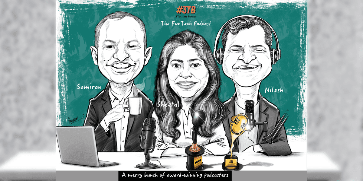 Caricature of the three hosts of 3 Techies Banter podcast with microphones, laptop, and podcast awards.