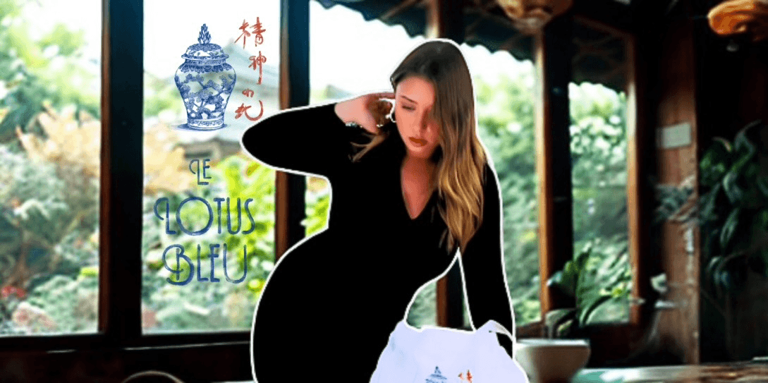 A woman in a black dress interacts with Le Lotus Bleu tea products, showcasing elegant, modern tea experiences.