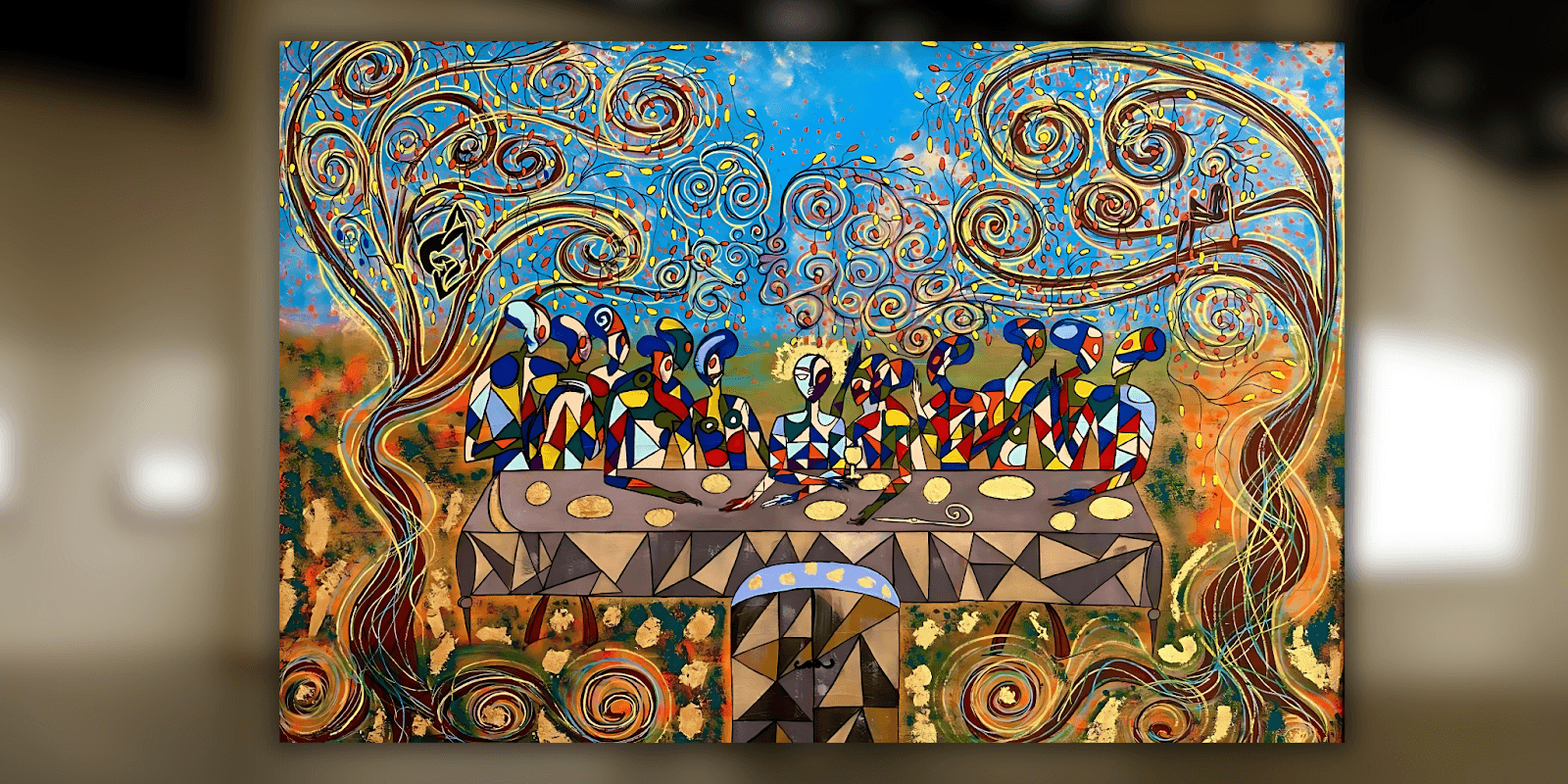 A vibrant, surreal painting reimagining Leonardo da Vinci’s “The Last Supper” with abstract, multicolored figures composed of mosaic-like geometric patterns. The central figure, glowing with a golden aura, represents a cosmic or enlightened presence. Swirling, tree-like structures with colorful leaves and spiral branches frame the scene, evoking sacred geometry and universal energy. The background is a luminous sky blending turquoise and gold, symbolizing the harmony of nature, cosmos, and spirituality. The table and floor incorporate symbolic triangular designs, enhancing the metaphysical tone. The artwork reflects themes of transformation, unity, and cosmic connection, in line with Emela Brace Nomolos' Nomolos Code project.