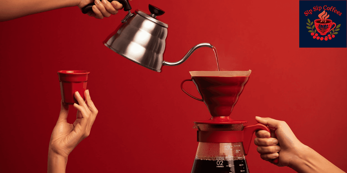 Hands pouring hot water from a kettle into a red coffee filter, brewing fresh coffee with the Sip Sip Coffees logo displayed in the top right corner on a vibrant red background