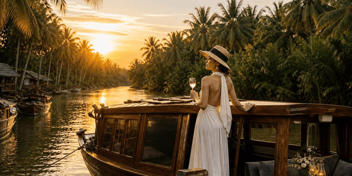 Luxury traveler enjoying a sunset river cruise through tropical waterways surrounded by lush palm forests.