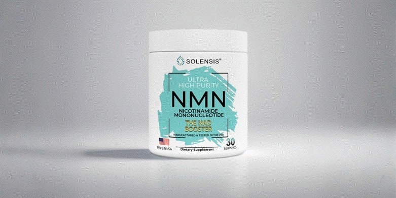 "Dr. Marion Gruffaz, founder of Solensis, promoting her NMN supplement for healthy aging backed by scientific research and integrity."