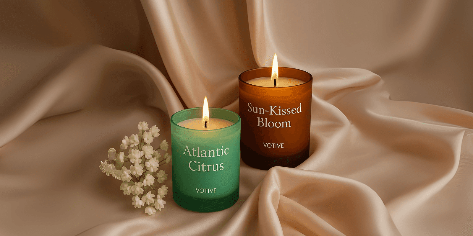Two votive candles, "Atlantic Citrus" and "Sun-Kissed Bloom," lit and placed elegantly on silky fabric with delicate flowers.