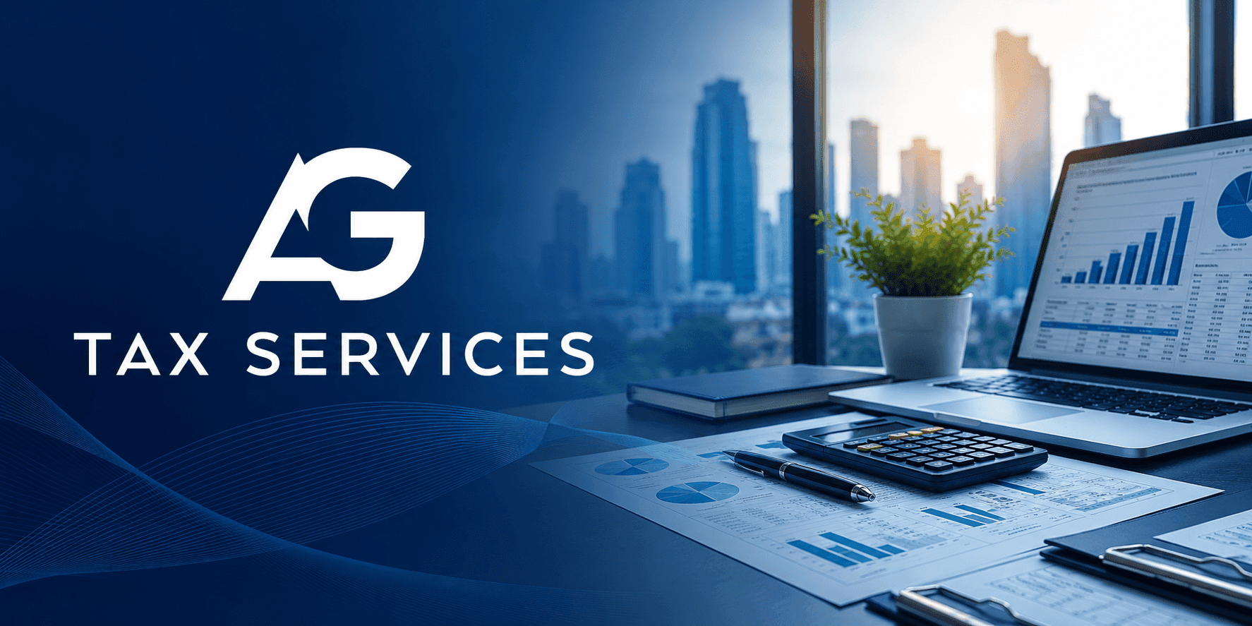 Professional tax services workspace with AG Tax Services branding, laptop, calculator, and financial reports in a modern office.