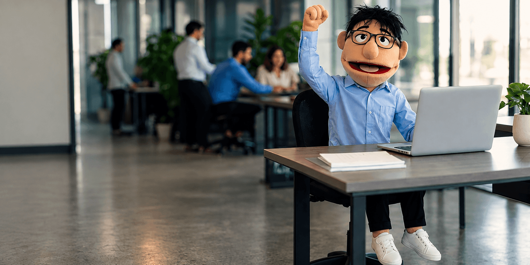 Puppet-style coach raising his fist beside a laptop in a modern office.