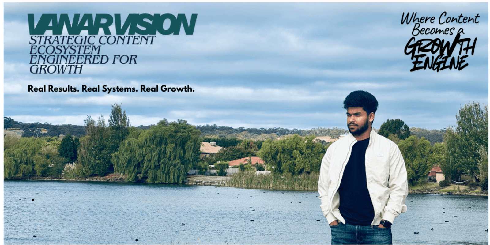 Jashan Soni, CEO of Vanar Vision, standing by a lake, representing the brand’s content growth approach