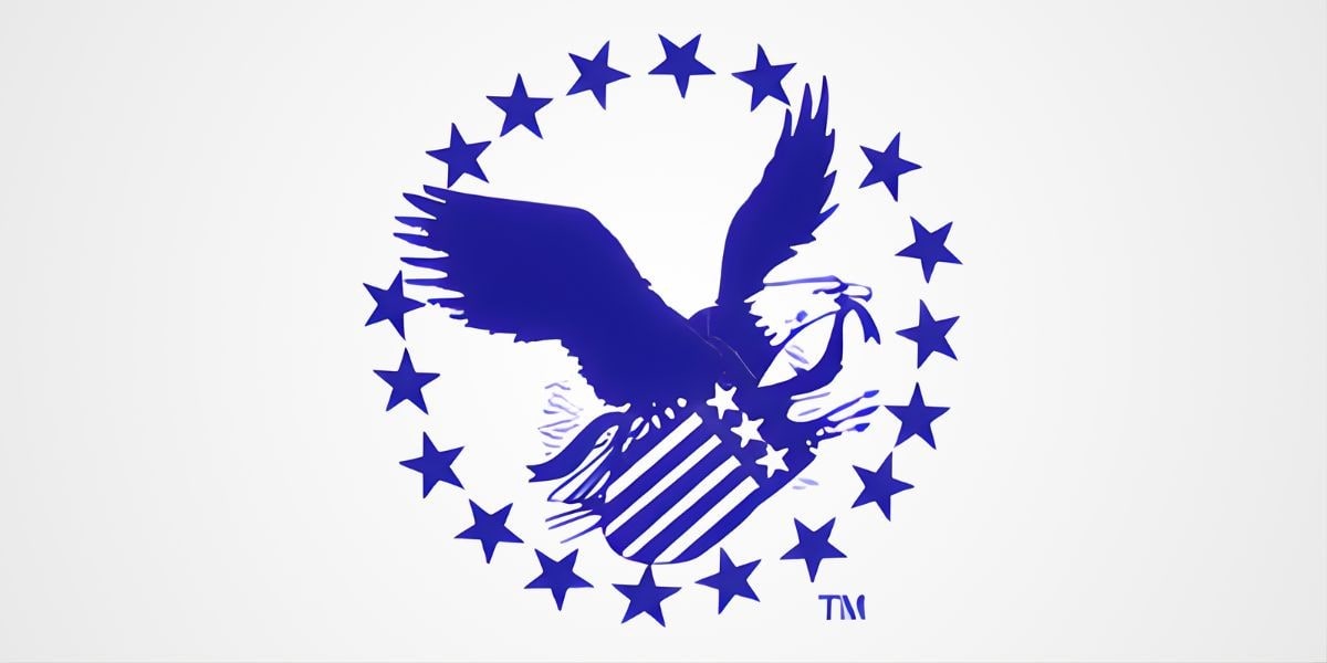 Logo featuring a bold blue eagle with stripes and stars, symbolizing American pride and strength, for immigration services