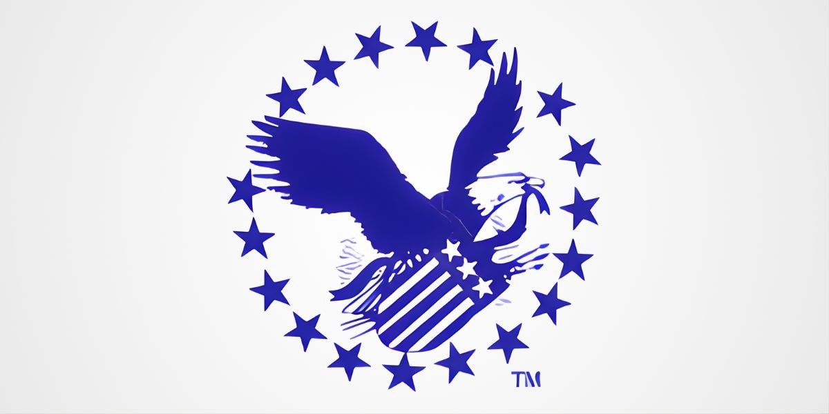 Logo featuring a bold blue eagle with stripes and stars, symbolizing American pride and strength, for immigration services