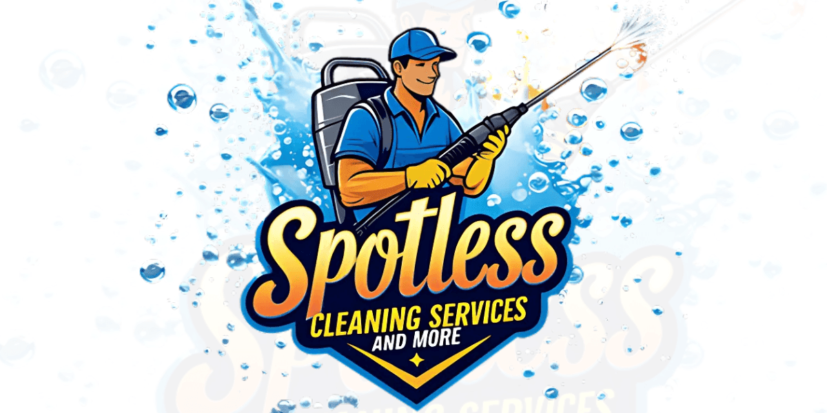 Logo of Spotless Cleaning Services featuring a worker using a power washer, surrounded by water and bubbles.