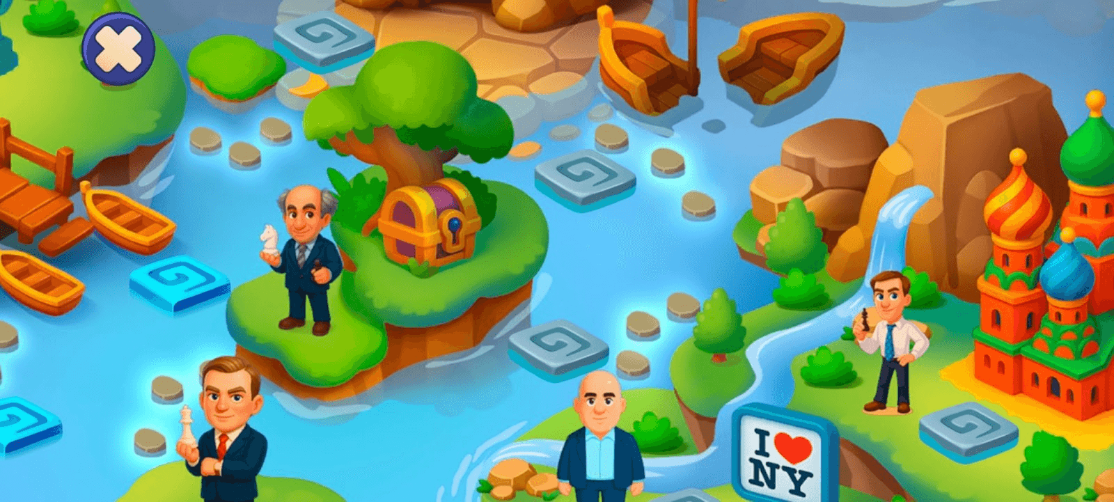 Animated chess scene with characters, colorful boats, and scenic landscapes, capturing a chess-themed adventure for young learners.