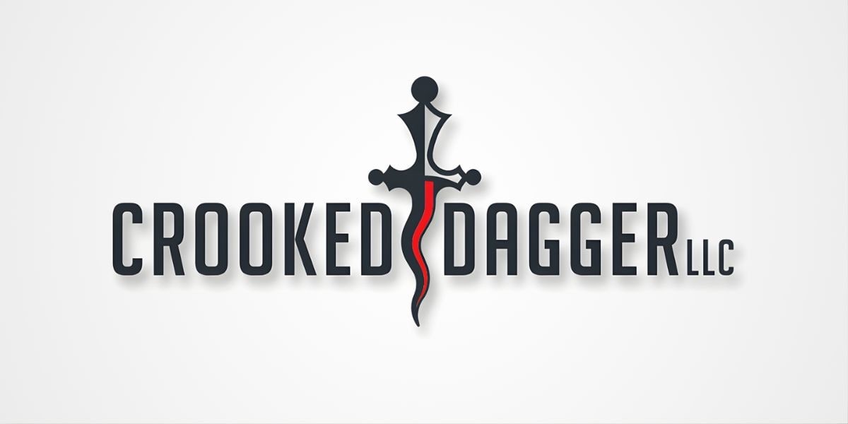 Logo for Crooked Dagger LLC featuring a stylized dagger design with bold typography, symbolizing innovation and precision in automotive care.