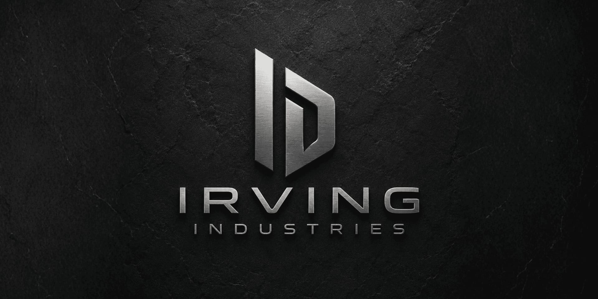 Metallic Irving Industries logo on dark textured background, symbolizing innovation, purpose, and digital business growth.