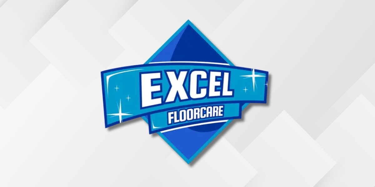 Excel Floor Care logo on a light geometric background.
