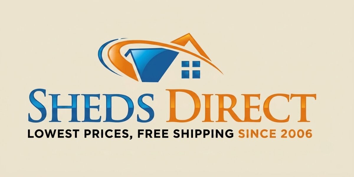 ShedsDirect logo with house icon and slogan about free shipping since 2006.