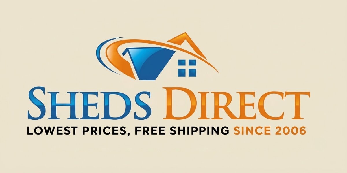 ShedsDirect logo with house icon and slogan about free shipping since 2006.
