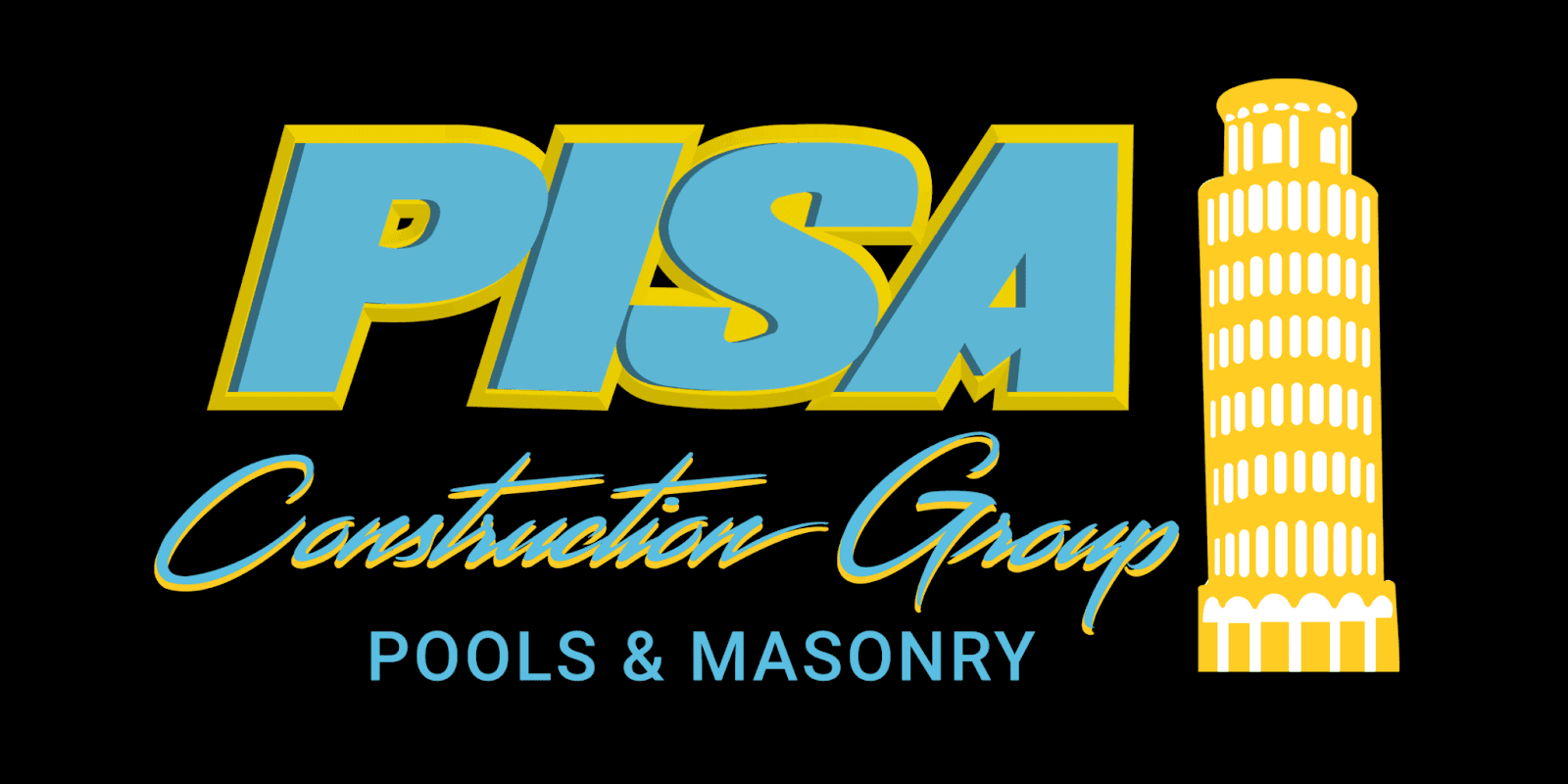 "Logo of Pisa Construction Group, featuring a modern design with the iconic Leaning Tower of Pisa, symbolizing expertise in luxury outdoor living and masonry services."