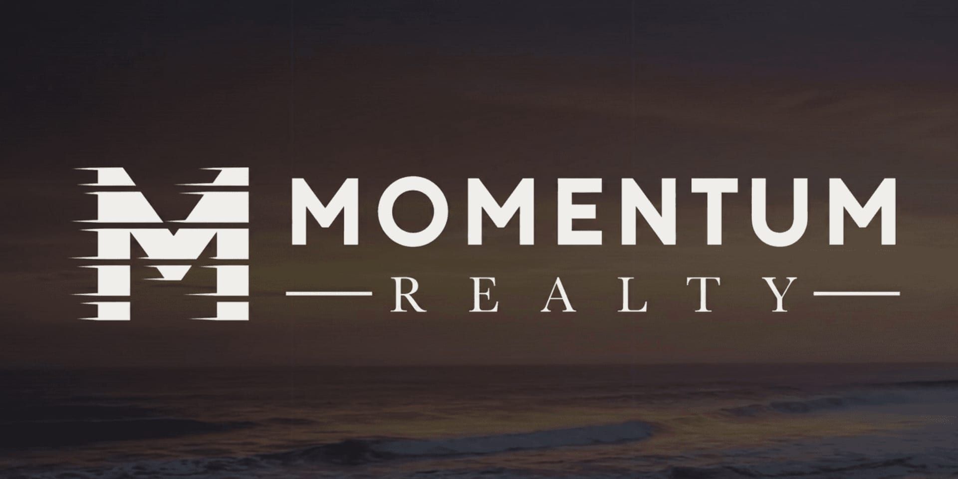 Momentum Realty logo in white over a dark ocean horizon with subtle light effects.