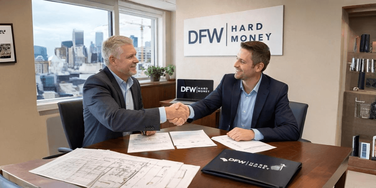 DFW Hard Money executives shake hands, emphasizing fast, reliable real estate financing and their reputation in Arlington and Fort Worth.