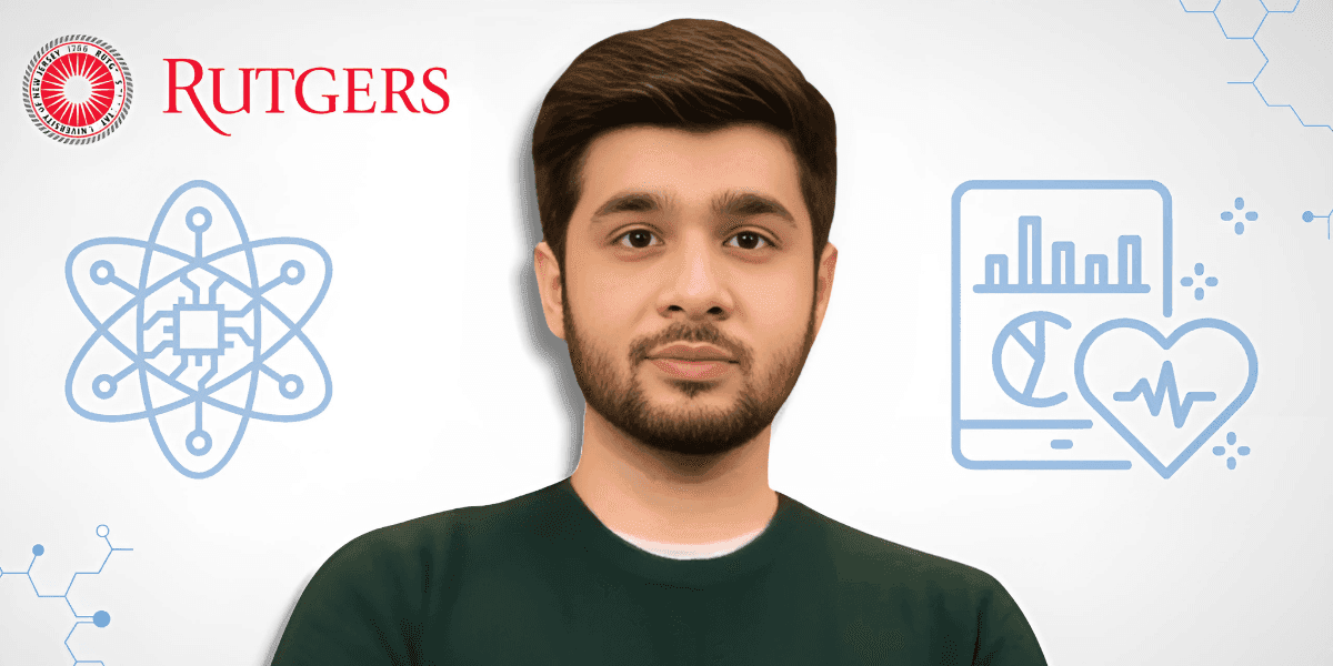 "Portrait of a student from Rutgers University, wearing a green shirt, with illustrations of a circuit board and health data analytics in the background, symbolizing technology and health innovation."