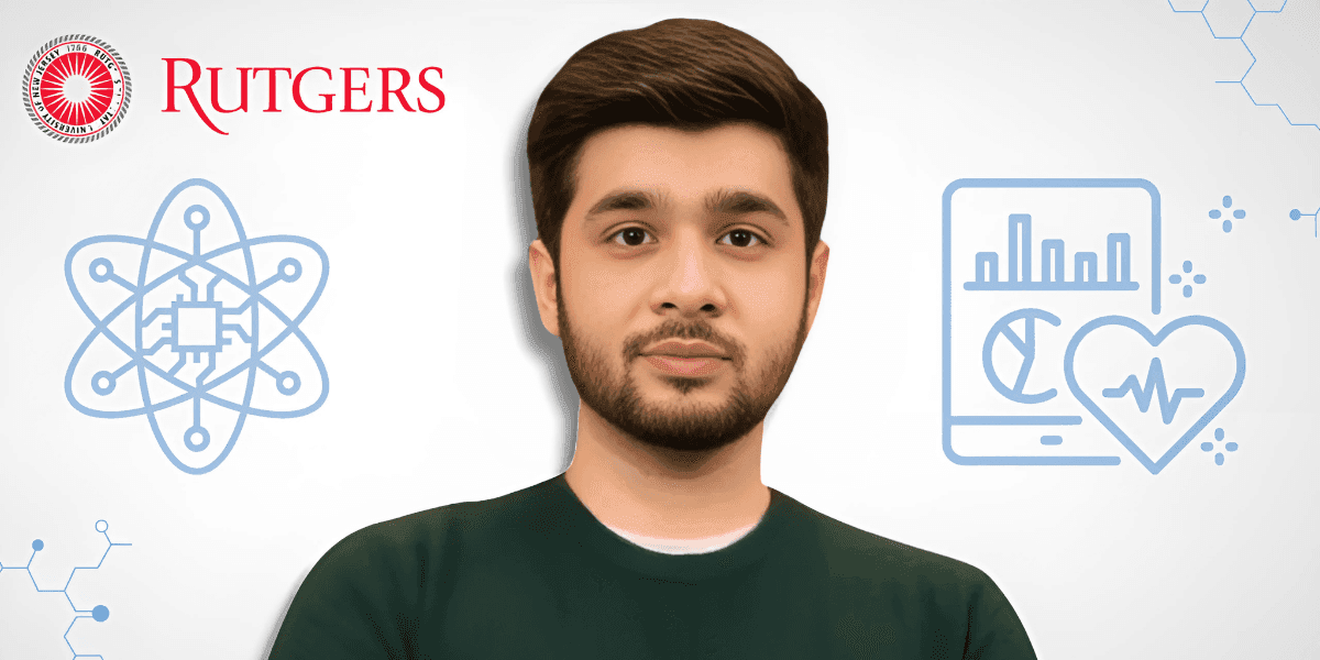 "Portrait of a student from Rutgers University, wearing a green shirt, with illustrations of a circuit board and health data analytics in the background, symbolizing technology and health innovation."