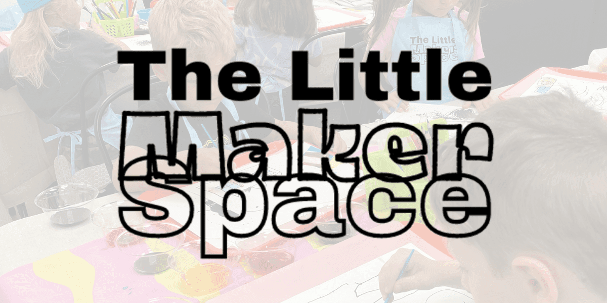 Children creating art at a workshop with “The Little Makerspace” title overlay, highlighting creativity and hands-on learning.