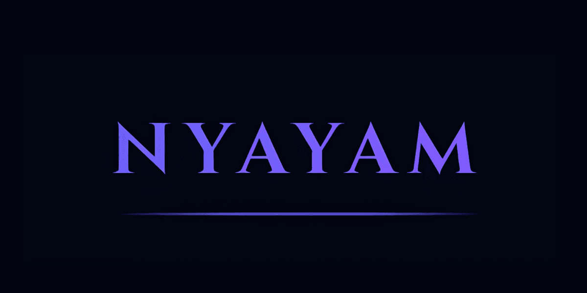 "Stylized logo of 'NYAYAM' in purple gradient font, set against a dark background, representing a modern and sleek brand identity."