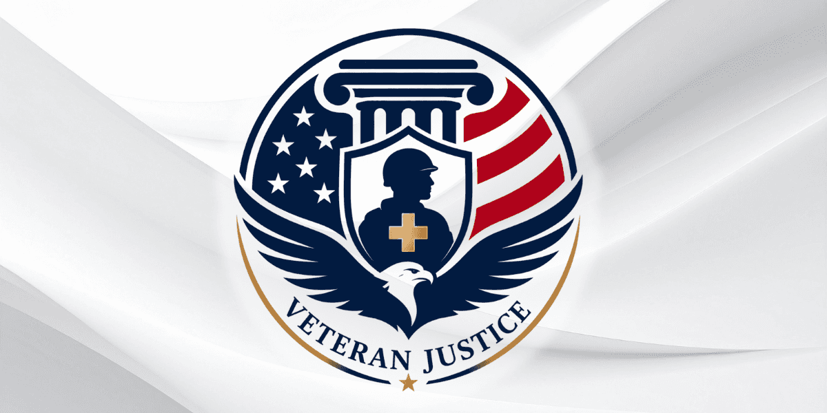 Veteran Justice logo featuring shield, eagle, and American flag, representing veteran advocacy and VA disability claims support.