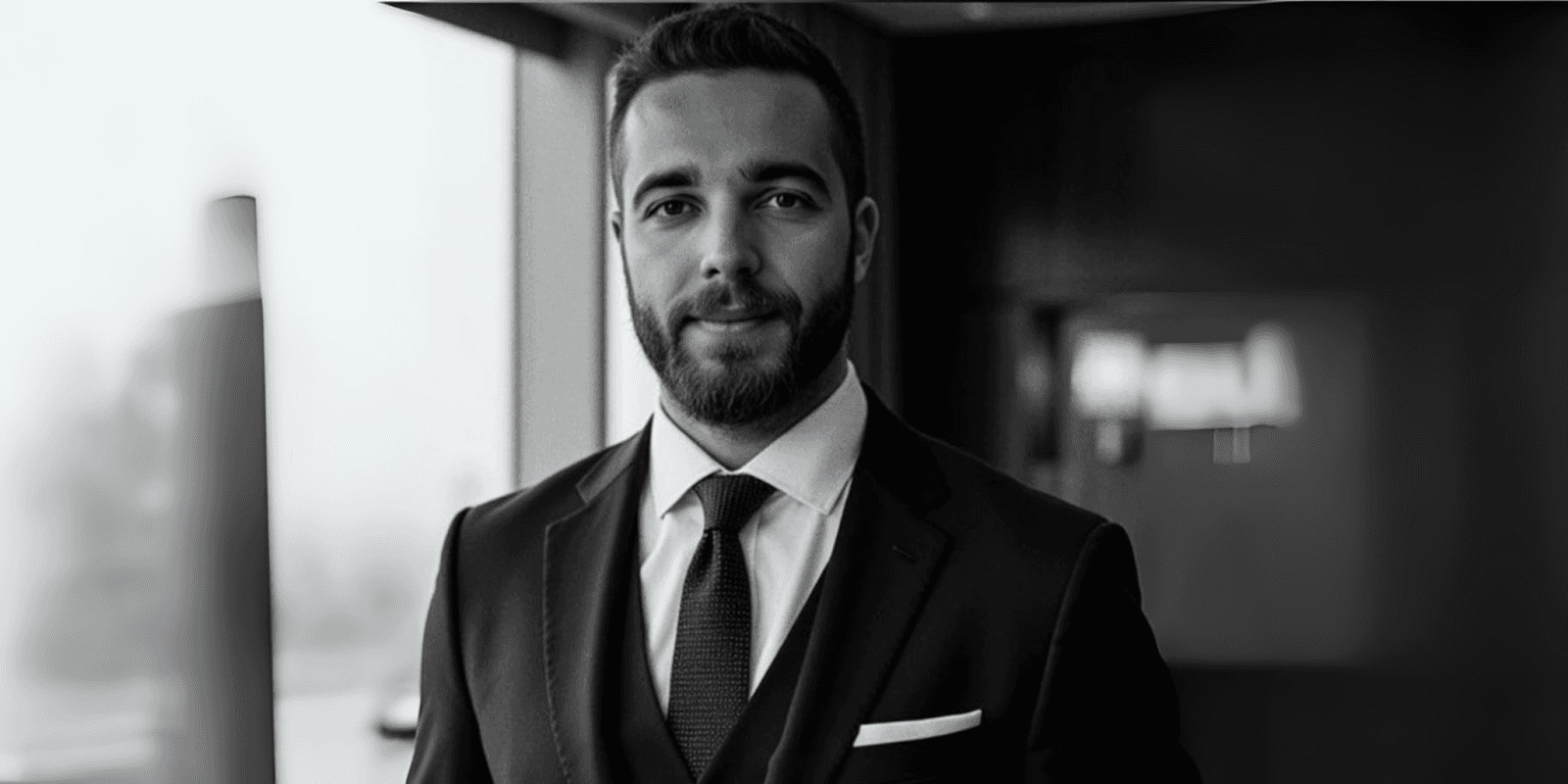 Professional headshot of a well-dressed man in a black suit and tie, standing confidently in an office setting with a blurred background.