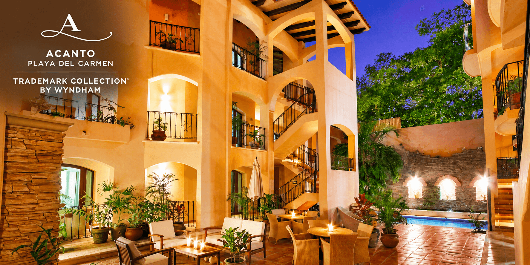 Evening courtyard view of Acanto Playa del Carmen, Trademark Collection by Wyndham.