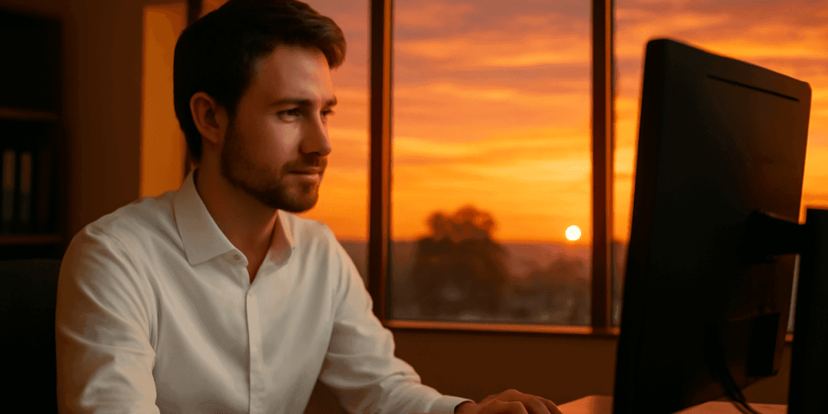 A professional working at a desk with a sunset view, symbolizing innovative AI leadership and transformation.
