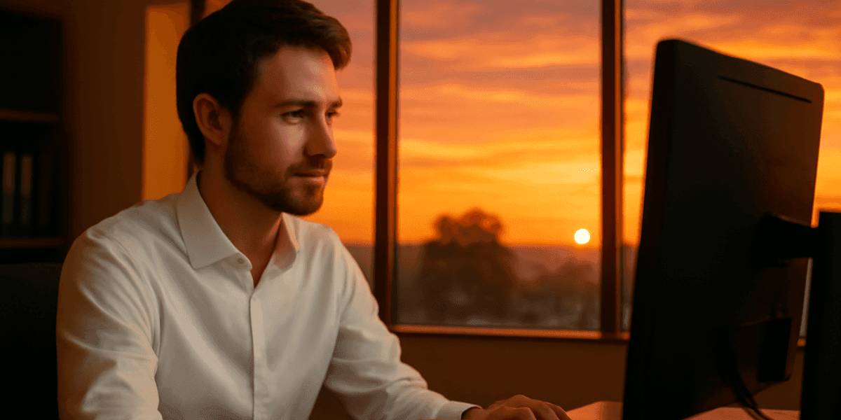 A professional working at a desk with a sunset view, symbolizing innovative AI leadership and transformation.