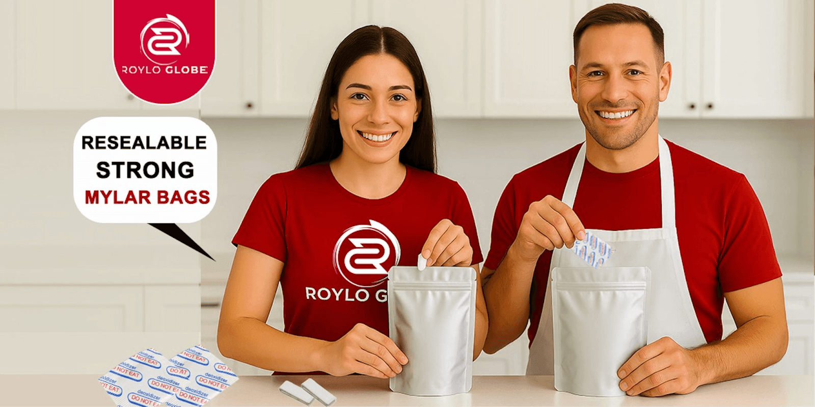 A man and woman demonstrate using Roylo Globe Mylar bags for food storage, highlighting resealability and freshness.