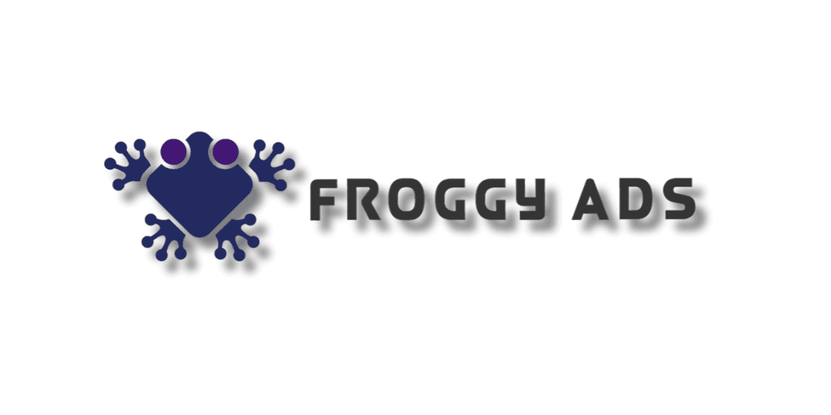 "Froggy Ads logo featuring a stylized frog with purple spots and four limbs, accompanied by bold, modern typography spelling out 'FROGGY ADS' in a sleek, shadowed font."