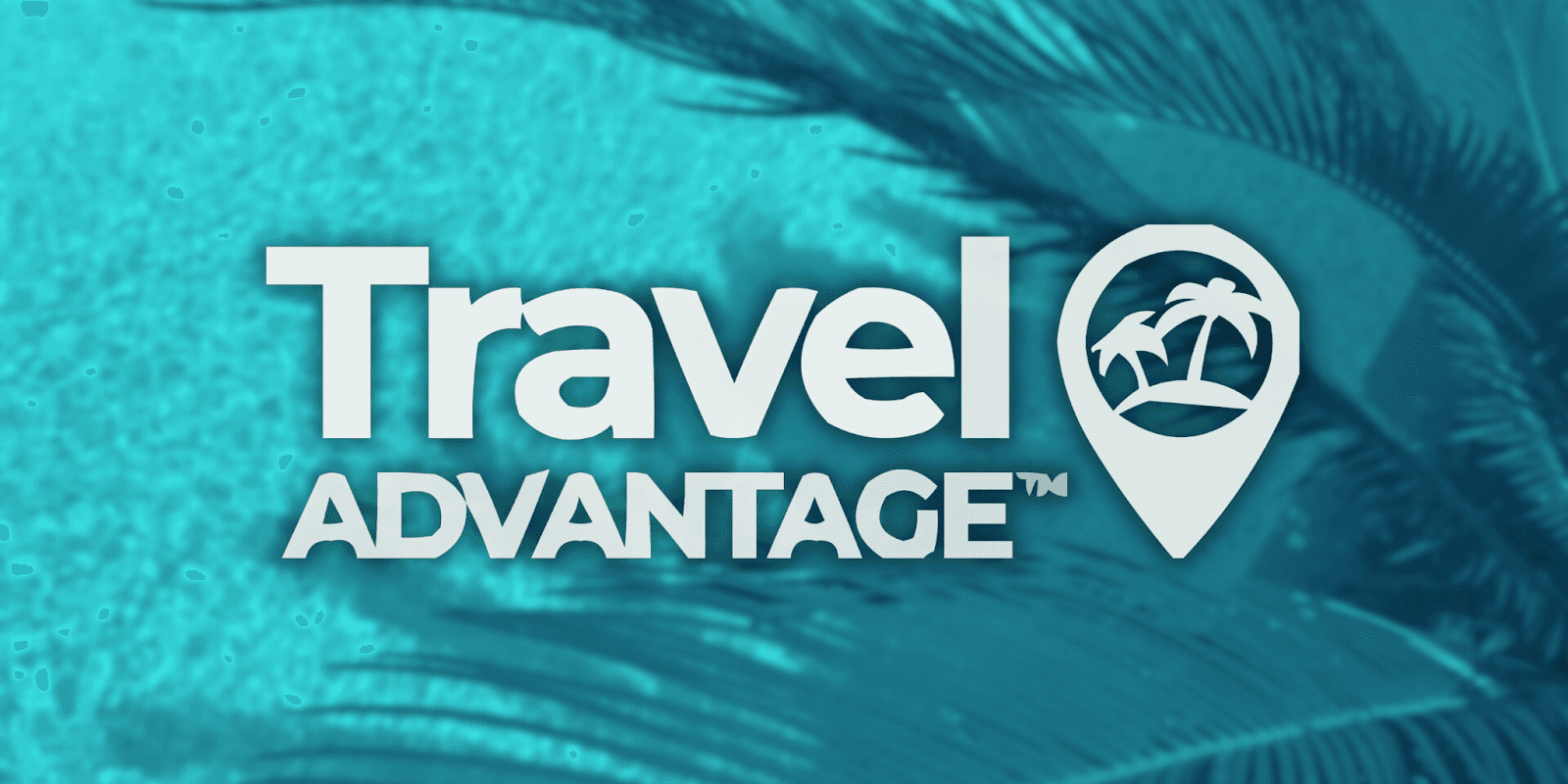 "Travel Advantage logo featuring a stylized location pin with palm trees, set against a serene turquoise background, symbolizing a travel service focused on tropical destinations and vacations."