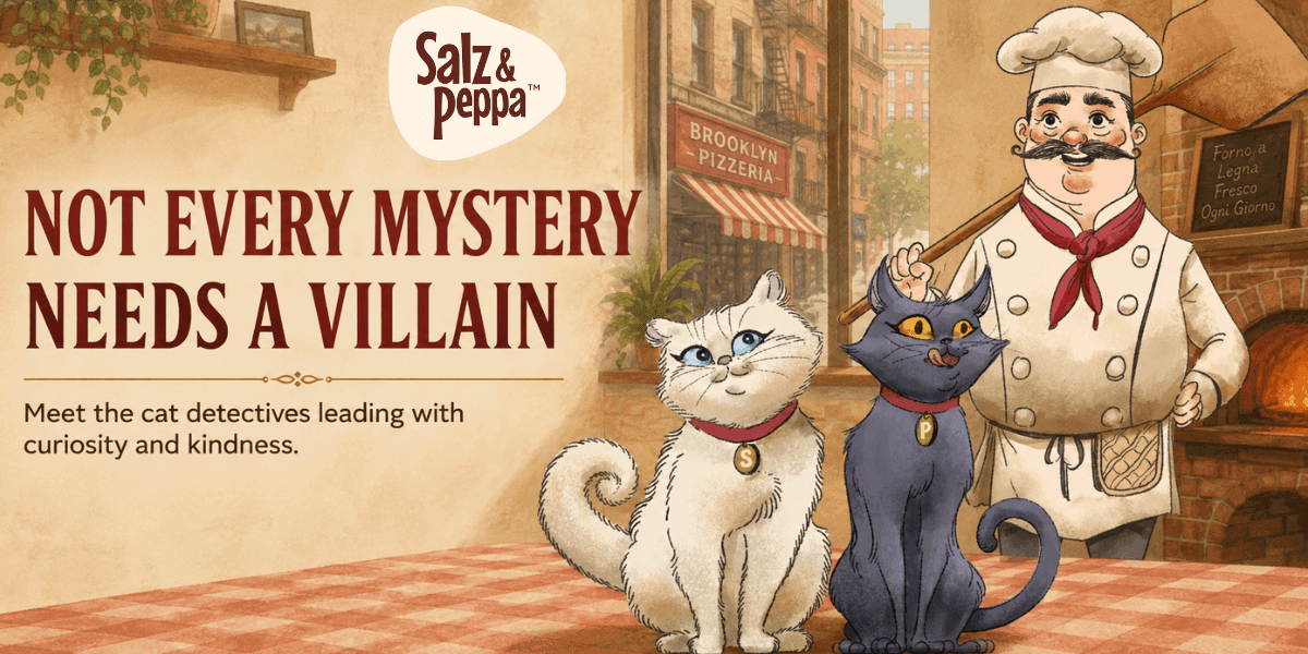 Salz and Peppa cat detectives with Chef Antonio in a Brooklyn pizzeria promoting their Missing Pizza mystery.