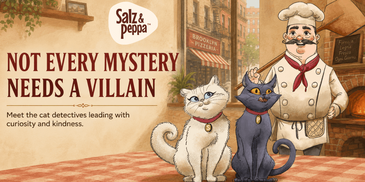 Salz and Peppa cat detectives with Chef Antonio in a Brooklyn pizzeria promoting their Missing Pizza mystery.