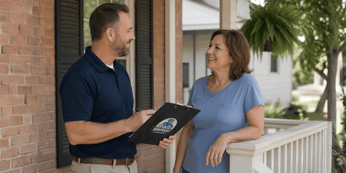 Cash Offer KY representative discussing home selling options with a homeowner on a front porch.