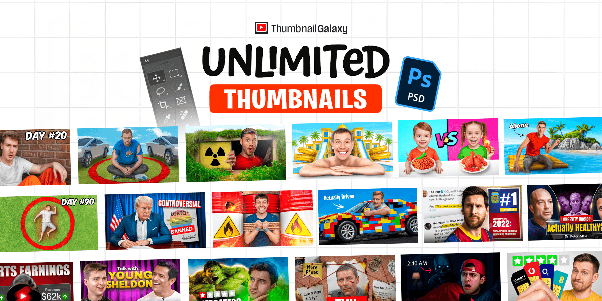 "A collection of various YouTube thumbnails showcasing different video genres like challenges, politics, and entertainment, with a focus on high-engagement designs for gaming, controversy, and popular culture topics."