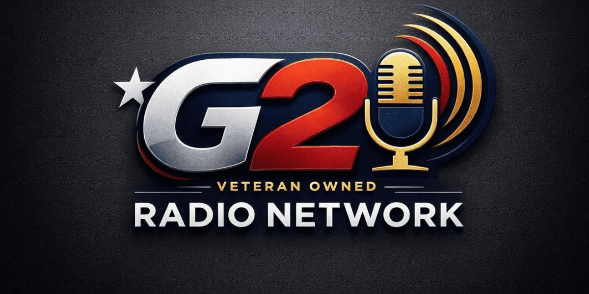 G2 Radio Network logo featuring microphone icon and veteran-owned branding on a dark background.