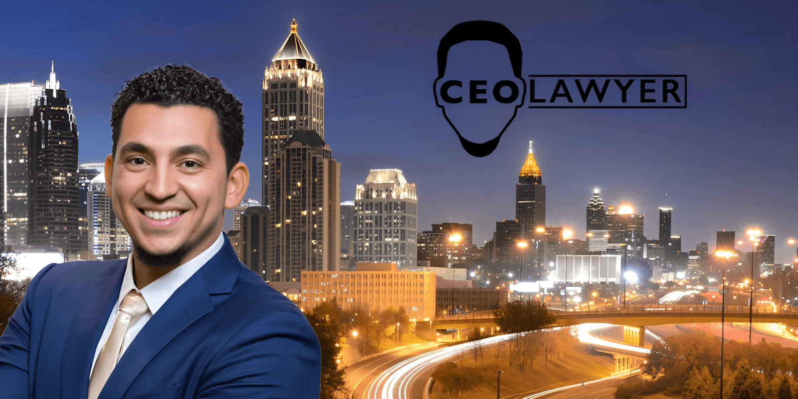 Smiling man in a blue suit stands in front of Atlanta skyline with "CEO Lawyer" logo in background.
